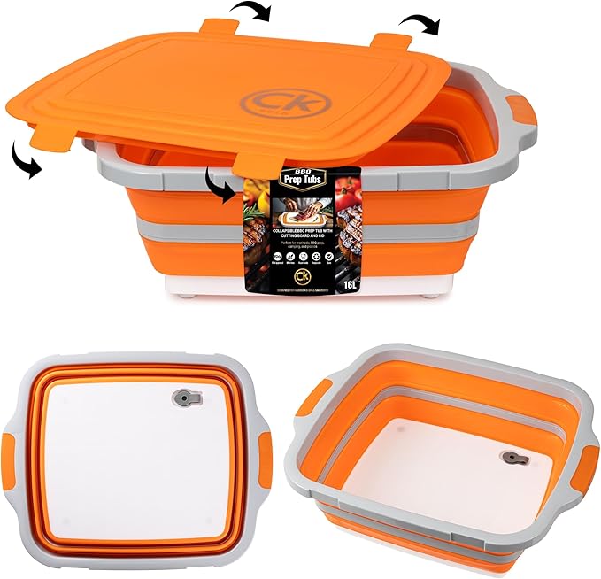New LARGE Collapsible BBQ Prep Tub /LOCKING Lid, Cutting Board & Drain Hole | BPA-Free, Food-Grade, Recyclable, Space-Saving Buckets for Grilling, Camping, Kitchen & Outdoor Cooking (Orange, 8 Liters)