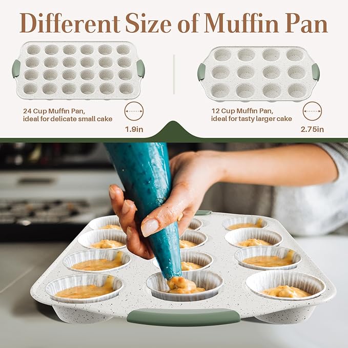 Slow Slog 11-Piece Non-Toxic Baking Set, Stackable Nonstick Cookware with Heat-Resistant Handles - Includes Cookie Tray, Round Cake Pan, Muffin Cups, Pizza Pan & Loaf Baker, White&Light Green