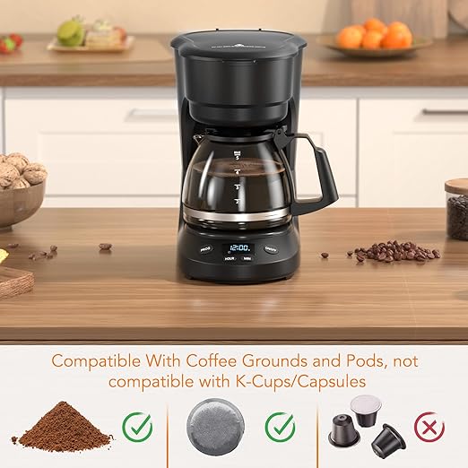 Electactic Compact 5-Cup Programmable Drip Coffee Maker — the essential coffee machine with Digital Clock, 24-hour Timer, Auto Shut-Off, and a Removable Filter Basket for Home & Office.