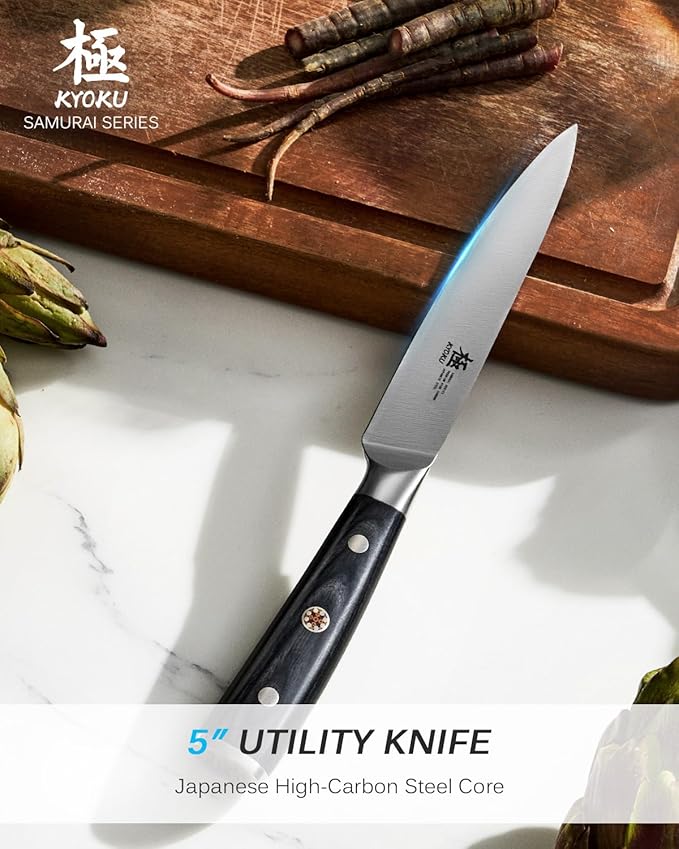 KYOKU 5" Kitchen Utility Knife, Samurai Series Chef Knife with Pakkawood Handle & Mosaic Pin, Japanese Style High Carbon Steel Knife, Full Tang Kitchen Knife for Vegetable Fruit with Sheath and Case