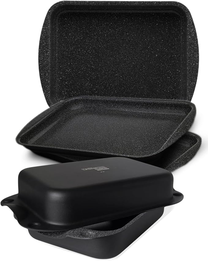 DaTerra Cucina Nonstick Baking Bundle – Roasting & Lasagna Pan, Twin Pack Ceramic Baking/Cookie Sheets, Dual Covered Roasting Pan Set – Made in Italy, Volcanic Black