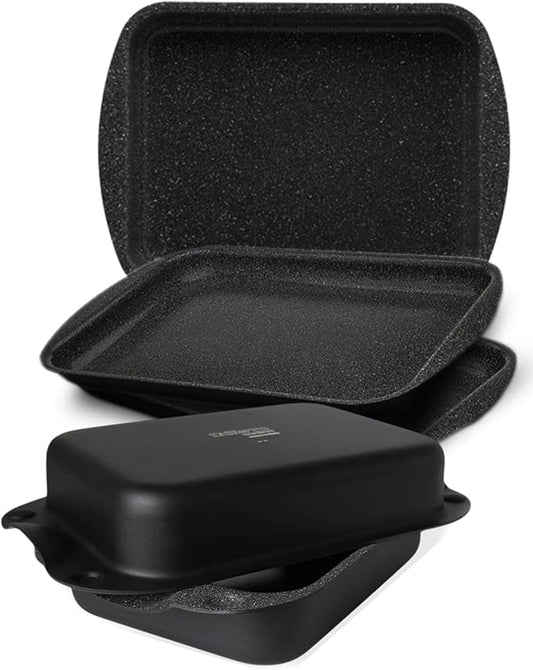 DaTerra Cucina Nonstick Baking Bundle – Roasting & Lasagna Pan, Twin Pack Ceramic Baking/Cookie Sheets, Dual Covered Roasting Pan Set – Made in Italy, Volcanic Black