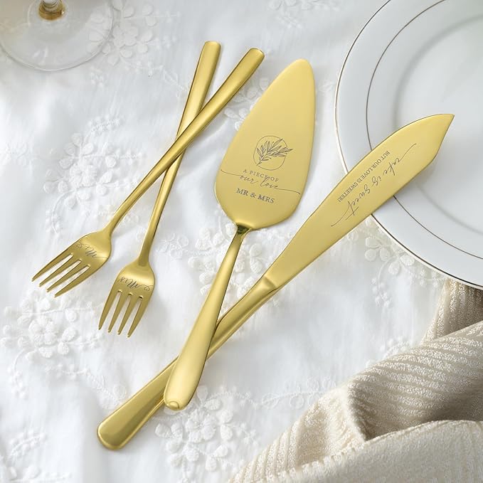 AW BRIDAL 4Pcs Wedding Cake Cutting Set with Forks, Stainless Steel Engraved Wedding Cake Knife Pie Server Gifts for Bridal Shower Engagement, Gold