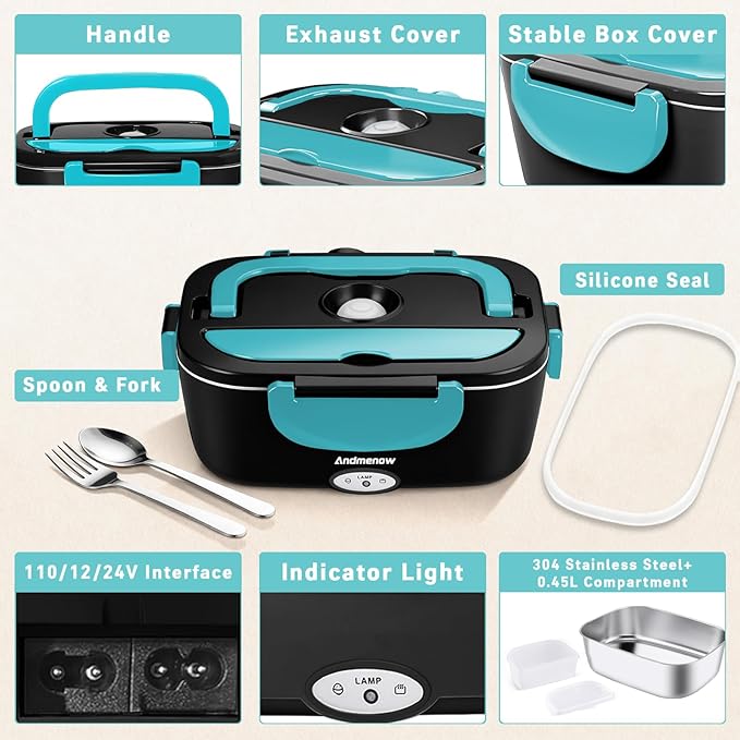 Electric Lunch Box 80W Food Heater with Dual Container, Portable Lunch Warmer for Adults, Upgraded Heated Lunch Box for Car/Truck/Office,110/24/12V 1.5L Black+Blue