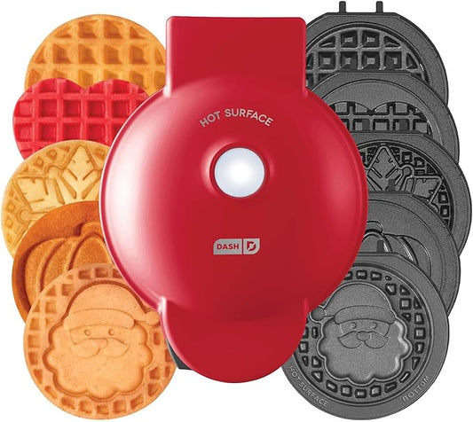 DASH Holiday MultiMaker® Mini System - Waffle Maker with Six 4” Removable Holiday Plates: Waffle Iron & Griddle, 4-in-1 Mini Waffle Maker for Kids and Families – Nonstick Surface, Santa Waffle (Red)