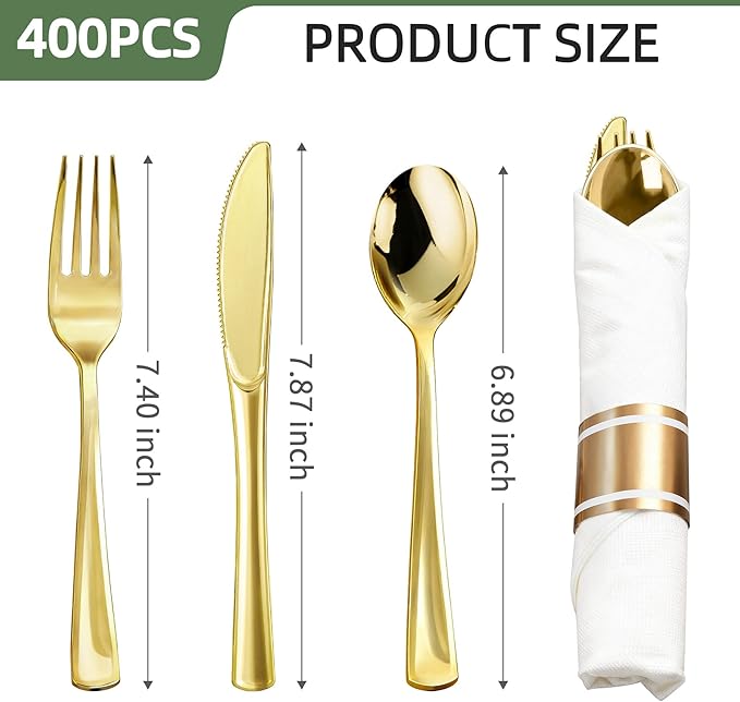 400PCS Pre Rolled Gold Plastic Silverware Sets, Heavy Duty Gold Cutlery, Include 100 Pack Wrapped Disposable Utensils with Napkins for Parties and Weddings