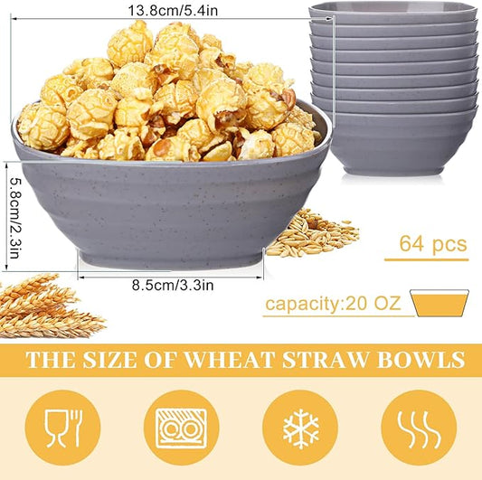 Gejoy 64 Pcs Unbreakable Cereal Reusable Wheat Straw Lightweight Bowls Microwave and Dishwasher Safe Soup Fiber Bowls for Kitchen Serving Salad Rice Snacks(Light Gray)