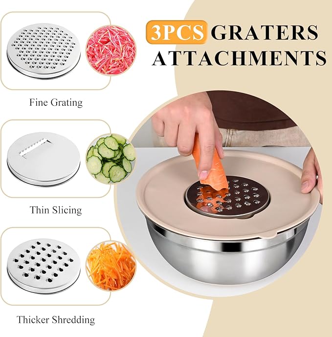 Mixing Bowls with Airtight Lids Set, 20 PCS Kitchen Gadgets Set, 6 Stainless Steel Bowls,3 Grater Attachments,Non-Slip Silicone Bottoms,Great for Serving&Baking,Size 5, 4, 3.5, 2.1, 1.5, 1.1QT (Khaki)