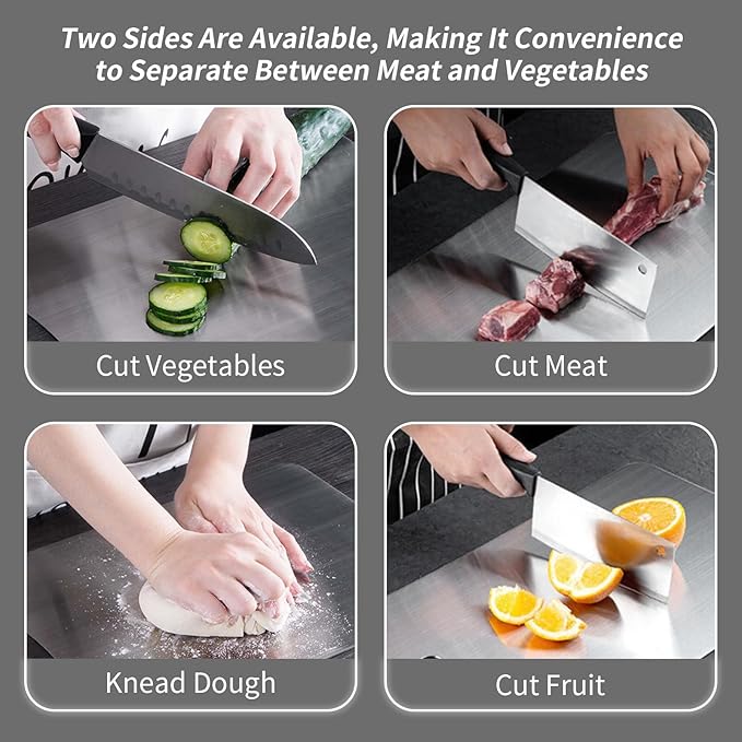 Cutting Board Double Sided for Kitchen, Food-Grade 304 Stainless Steel Chopping Pad Suitable for Meat Fruit Vegetables (Small (11.4 x 7.9 inch))