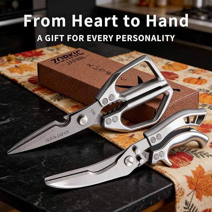 Kitchen Scissors Silver - Stainless Steel Shear, Sharp Meat Cutting Scissors Dishwasher Safe, Heavy Duty Poultry Shears, Japanese Cooking Scissor for Food, Christmas Gifts for Men Women