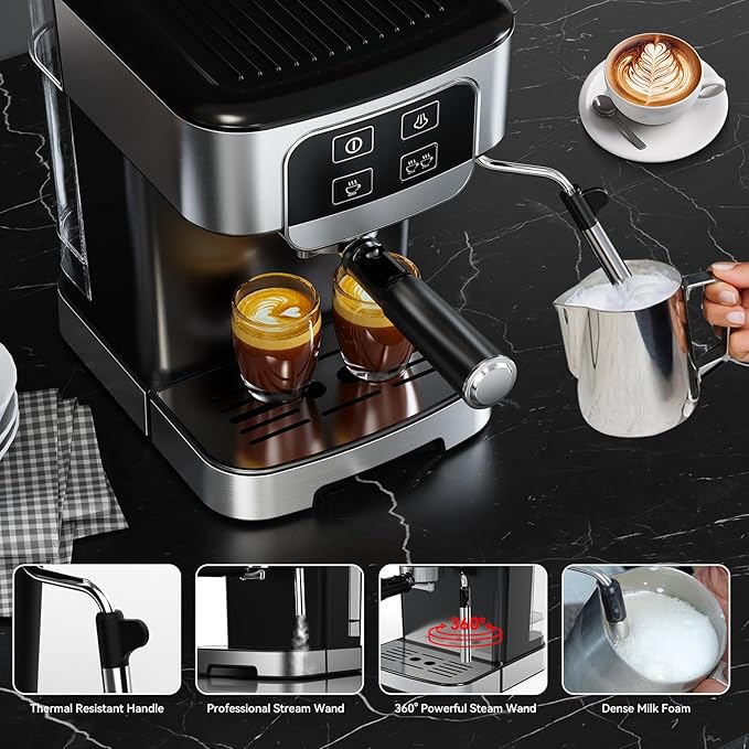 TINTALK Espresso Machine 20 Bar with Steam Milk Frother, Stainless Steel Coffee Machine with Removable Water Tank for Cappuccino,Latte, Compact Stainless Steel Coffee maker for home,Great Gift