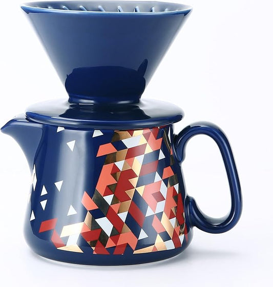Polydremio Pour Over Coffee Maker, Ceramic Coffee dripper with 100 pcs V60 Paper Filter, Ceramic coffee Server with Lid, 15.5oz/450 ml, Suitable for 1-2 people (Blue)