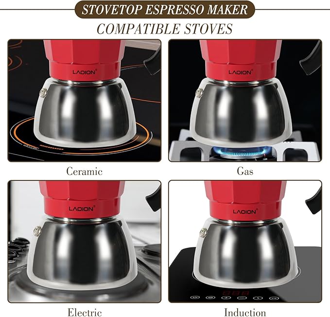 LAOION Stovetop Espresso Maker, 3Cup Moka Pot, Espresso Machine Compatible with Induction Cooktops, 150ml Stainless Steel & Aluminum Cuban Coffee Maker for Cafetera Cubana, Red