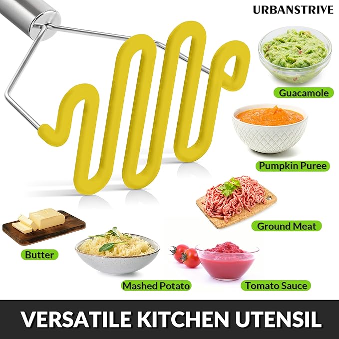 Urbanstrive Non-Scratch Silicone Potato Masher Kitchen Tool, Potatoes Masher Potato Masher Stainless Steel Wrapped In Premium Silicone, Potato Smasher, Yellow