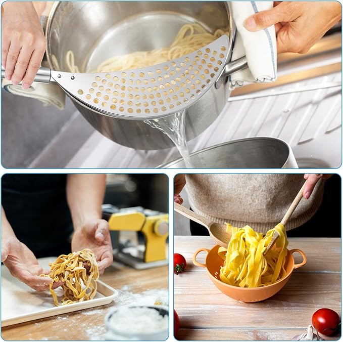 TIESOME Stainless Steel Held Pot Strainer, Pasta Strainer with handle Silver Durable Insert Drainer for Spaghetti Fry Noodles Fruit Vegetable Kitchen Pots Pans(14.17×2.55inch)
