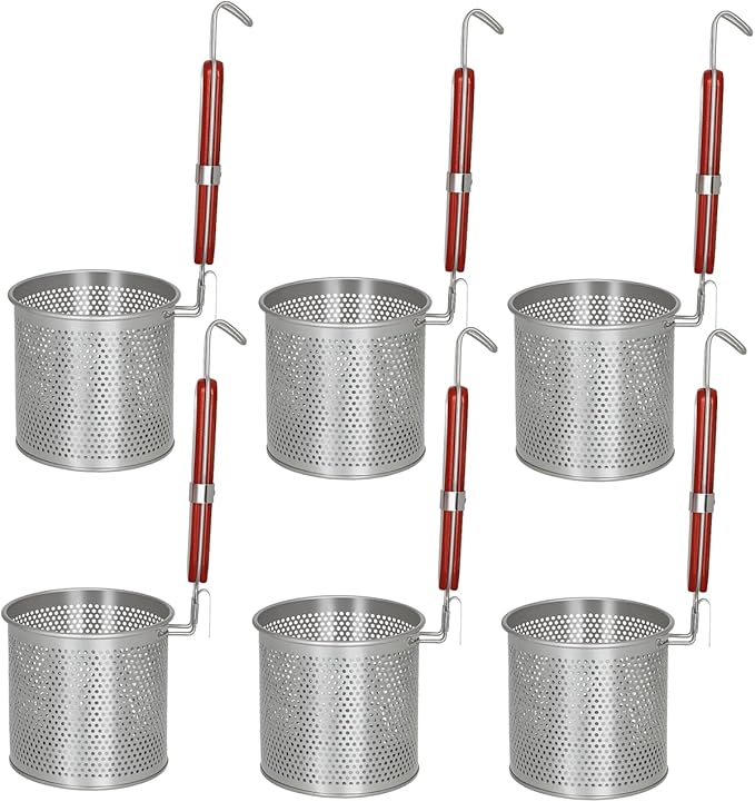 6PCs Mesh Pasta Basket Food Strainer Insert For Pot, Colander with Round Wooden Handle Stainless Steel Mesh Spider Strainer for Pasta Noodles Dumpling Vegetable