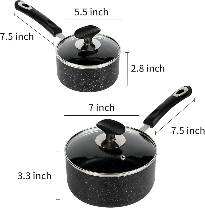 RATWIA Nonstick Saucepan Set - 1 Quart and 2 Quart,Ultra Non Stick Sauce Pan Small Pot with Glass Lid,Great for Home Kitchen Restaurant,Black