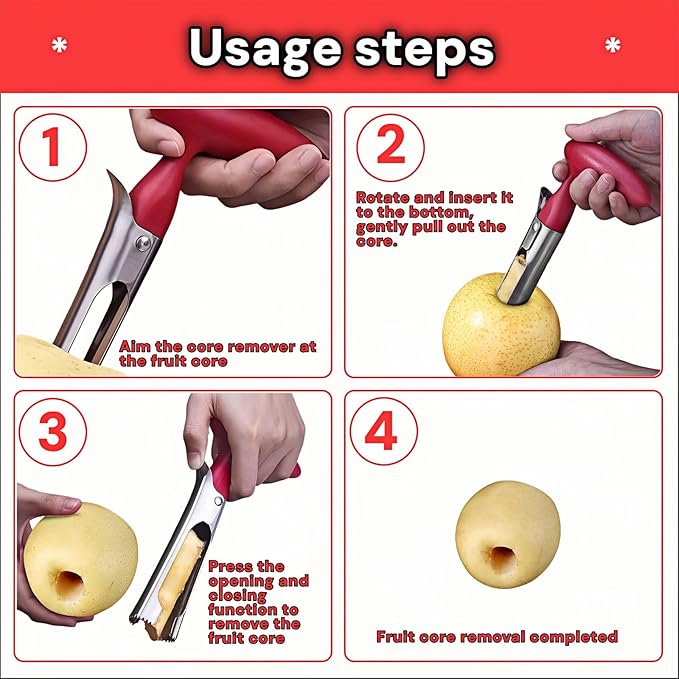 Premium Stainless Steel Apple Corer - Easy Use & Dishwasher Safe, Multi-Fruit Core Remover with Ergonomic Handle for Apples, Pears, Tomatoes & Cupcakes | Durable Kitchen Tool (Red)
