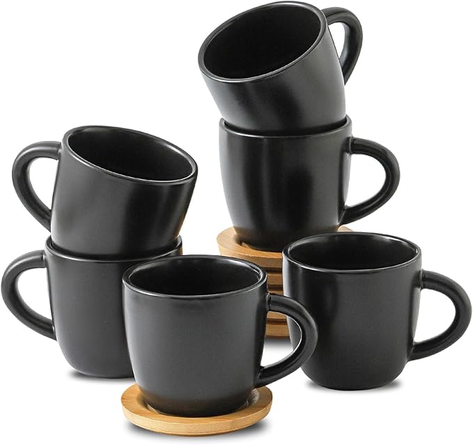 HASENSE 6 oz Cappuccino Cups with Saucers, 6 Pcs Ceramic Espresso Cups with Handle for Double Shot, Latte, Cafe Mocha, Stackable Coffee Cups Demitasse Cups with Handle for Cafes, Home, Office, Black