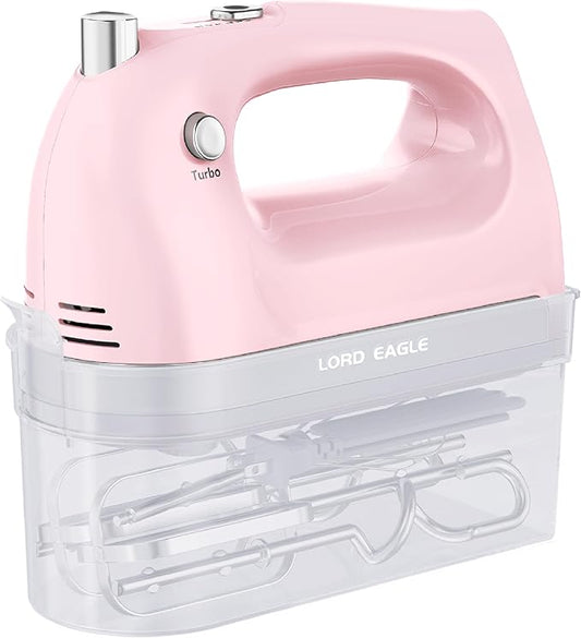 Lord Eagle Hand Mixer Electric 400W, 5 Speed handheld Mixer, 5 Stainless Steel Accessories for Baking Cake Egg Cream Food Beater, Turbo Boost/Self-Control Speed + Eject Button, Pink