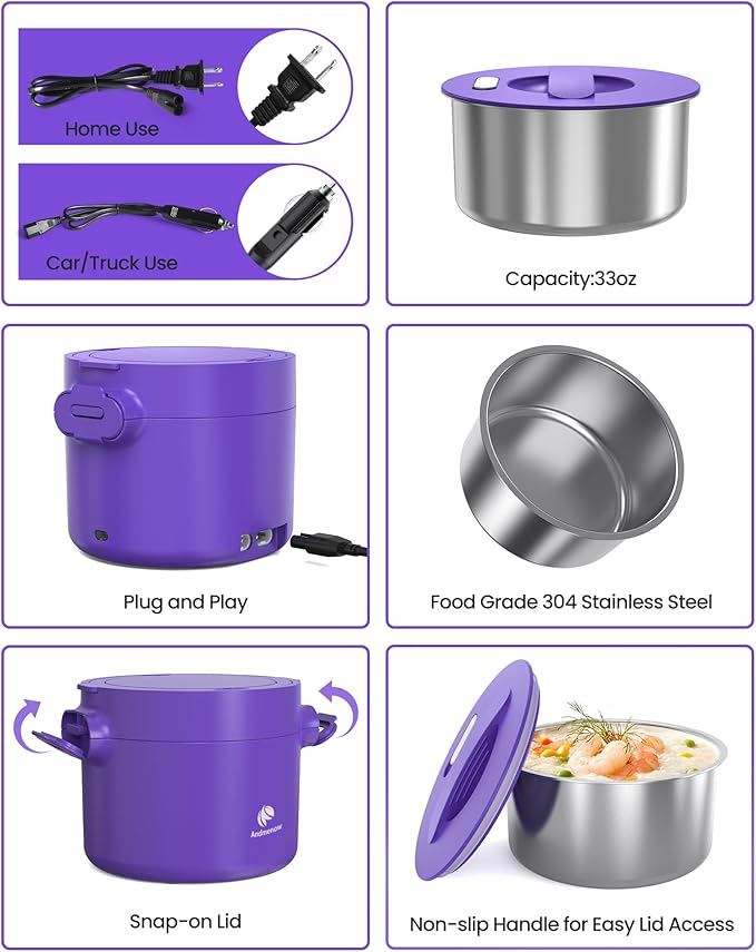 Electric Lunch Box, Portable Food Warmer for Car Truck and Office, Portable Heater 110V & 12V 24V 50W Stainless Steel Food Heater, with Spoon Fork Carry Bag (Youthful Purple)