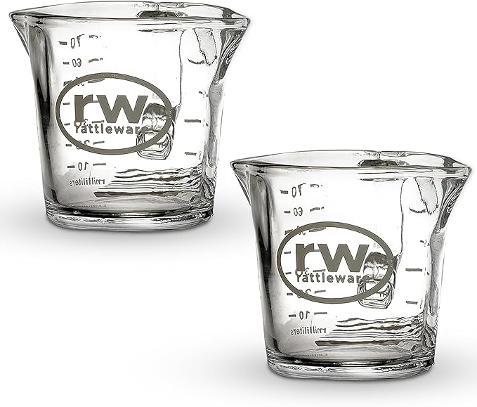 Rattleware Espresso Shot Glass Pitcher – Double Spouted Genuine Barista Measuring Cup with Graduations in Ml & Oz – High-Volume, Commercial-Grade for Swift Espresso Pouring & Precision (3 Oz, 2-Pc)