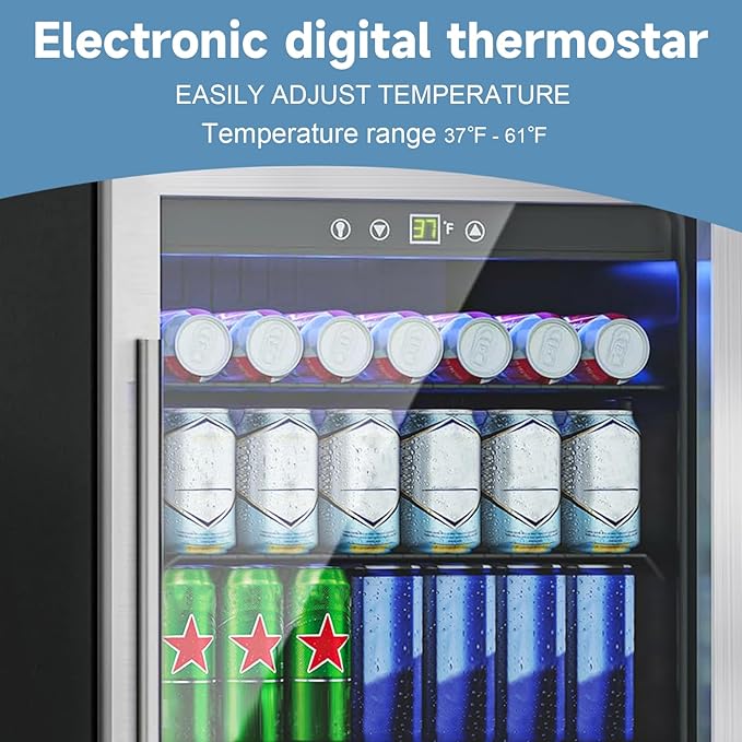Stopasd Compact Beverage Refrigerator, 4.5 Cu.Ft/145 Can Drink Fridge with Glass Door and Digital Display, Small Drink Fridge with Adjustable Shelves for Soda, Compact Fridge for Bar Office