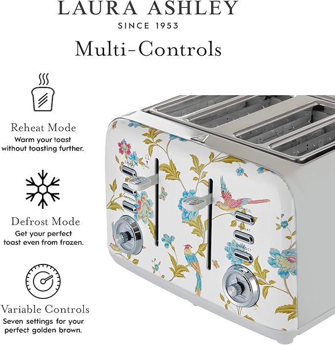 VQ Laura Ashley Elveden White Stainless Steel 4 Slice Toaster | Multi-Functional Bagels & Bread Toaster 4 Slice with Adjustable Heating & Defrost Mode | Featuring 4 Wide Slots, Croissant Warming Rack