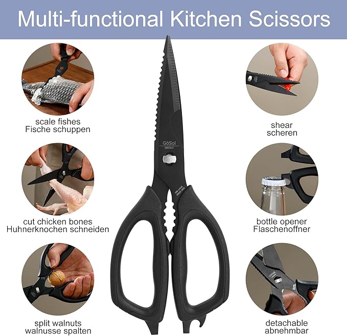Kitchen Shears Come Apart Kitchen Scissors with Serrated Blade Premium Black Titanium Plated Stainless Steel Shears for Food Heavy Duty Chicken Bone Fish Nutcracker Can Opener 02A