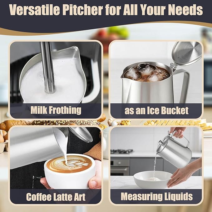 Stainless Steel Pitcher with Lid, 67 oz/2000 ml Large Metal Measuring Cup with Handle, Dual Scale Markings Graduated Beakers, Milk Frothing Jug for Espresso Machines, Latte Art, Iced Tea, Hot Water