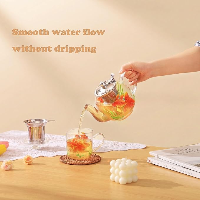 1000ml/35oz Hand Painted Pattern Glass Teapot For Stovetop,Tea Pot For Loose Tea,Glass Tea Kettle With Infuser (GoldFish)