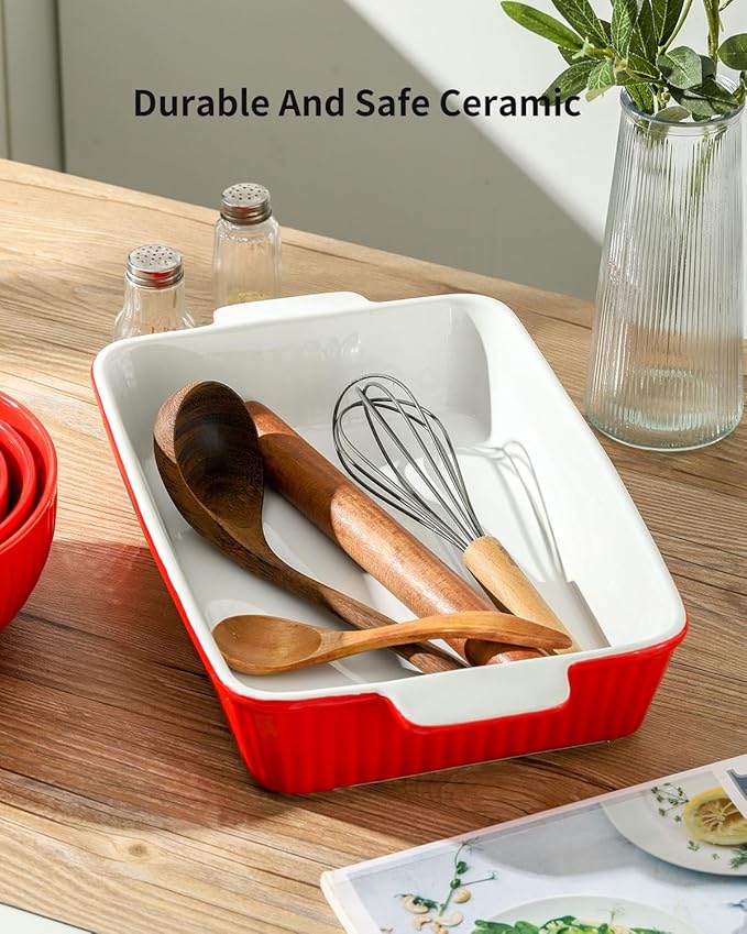 Hasense Casserole Dishes for Oven, Rectangular Baking Dishes Set of 3, Porcelain Lasagna Pans with Handles, Ceramic Baking Pans Set for Cooking, Christmas Party Birthday Gifts, Red(15"/12.2''/8.3'')