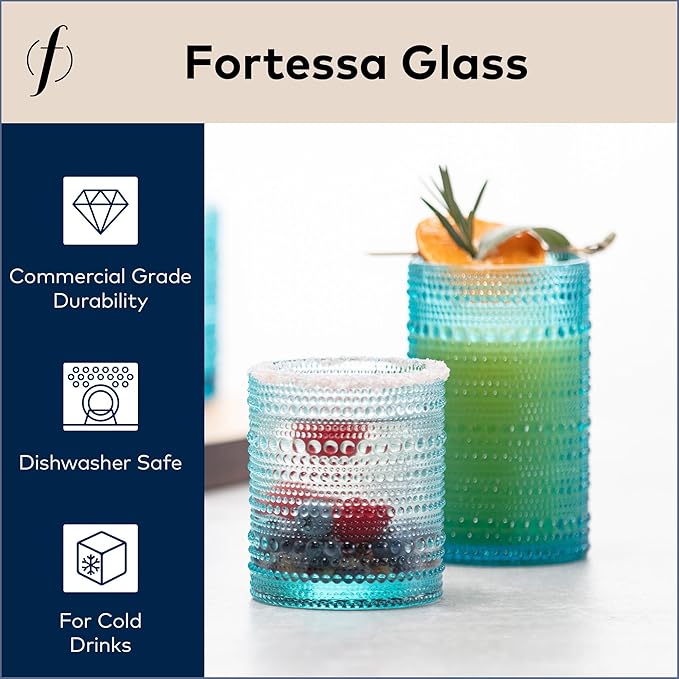 Fortessa Jupiter Beaded Hobnail Glass, 13 Ounce Iced Beverage (Set of 6), Lagoon Blue