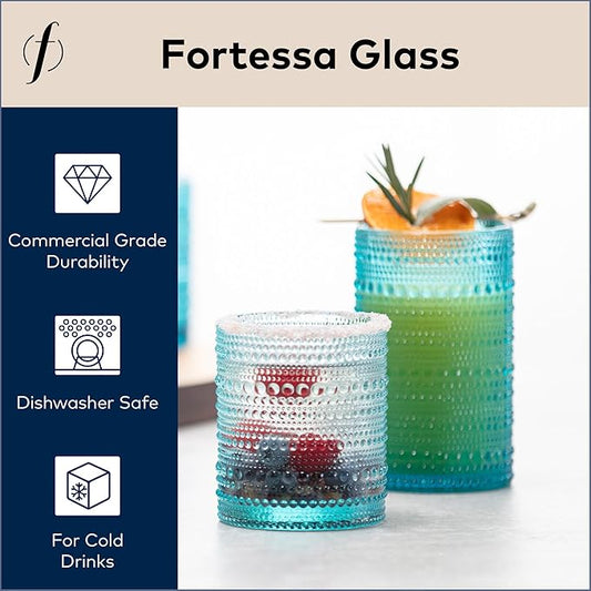 Fortessa Jupiter Beaded Hobnail Glass, 13 Ounce Iced Beverage (Set of 6), Lagoon Blue