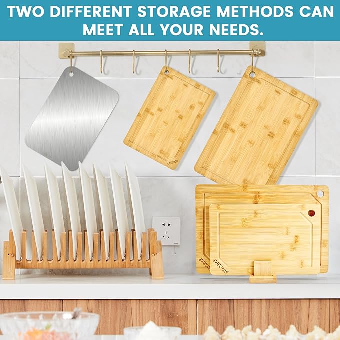 Babonie Bamboo Cutting Board Set of 2PC Large Bamboo Cutting Boards for Kitchen with Wooden Organizer, 1PC Stainless Chopping board for Meat, Vegetables and Fruits Ideas Kitchen Gift