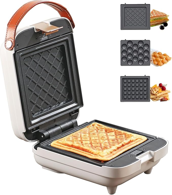 3 in 1 Sandwich Maker Nonstick Panini Press Waffle Maker Bubble waffle Egg puffs Electric Grill with Non-stick Coating & Removale Plates for Breakfast Afternoon tea