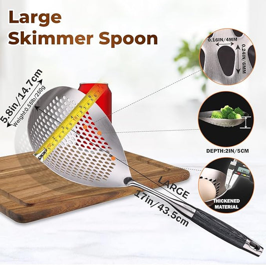 MARTE Skimmer Slotted Spoon -17in 304 Stainless Steel Pasta Spider Strainer Skimmer Ladle Spoon for Cooking and Frying - Large Kitchen Metal Scoop Colander Strainer Spoon with Black Wooden Handle