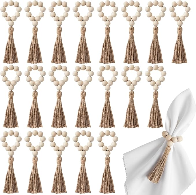 APTWOW Napkin Rings Set of 20, Wooden Napkin Rings, Wood Bead Napkins Rings for Easter Table Decor, Farmhouse Napkins Rings for Boho Table Decor, Spring Banquet, Wedding, Holiday Dinner Party