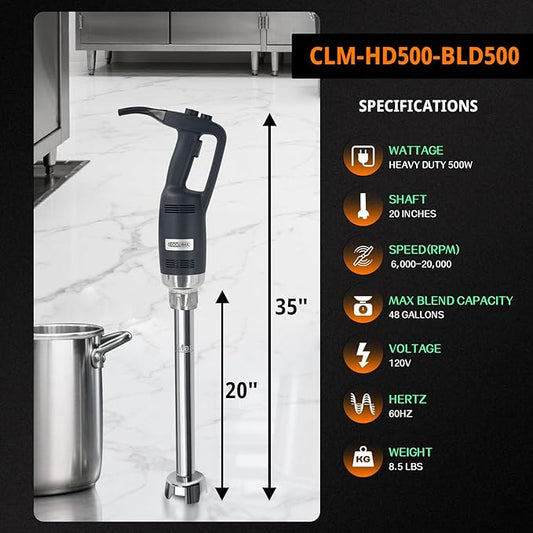 COOLUMA Commercial Immersion Blender, 500W Heavy Huty Hand Blender, With 20 Inch Detachable Shaft, 48 Gallons Capacity, Professional Industrial Grade Commercial Hand Mixer.