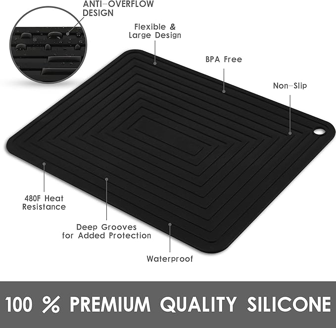 Silicone Trivets for Hot Pots and Pans-Trivets for Hot Dishes-Heat Resistant Mat for Countertops, Kitchen Small Dish Drying Mat, Silicone Pot Holders-Hot Pads for Kitchen Set 2 Black