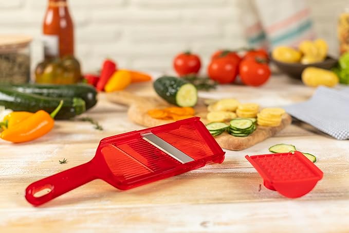KUHN RIKON Adjustable Mandoline with Hand Guard, Red