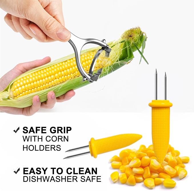 Corn Peeler Tool Set, Stainless Steel Corn Kernel Remover with Serrated Blade, Ergonomic Non-Slip Handle, Includes Corn Holders for Easy Corn Cutting