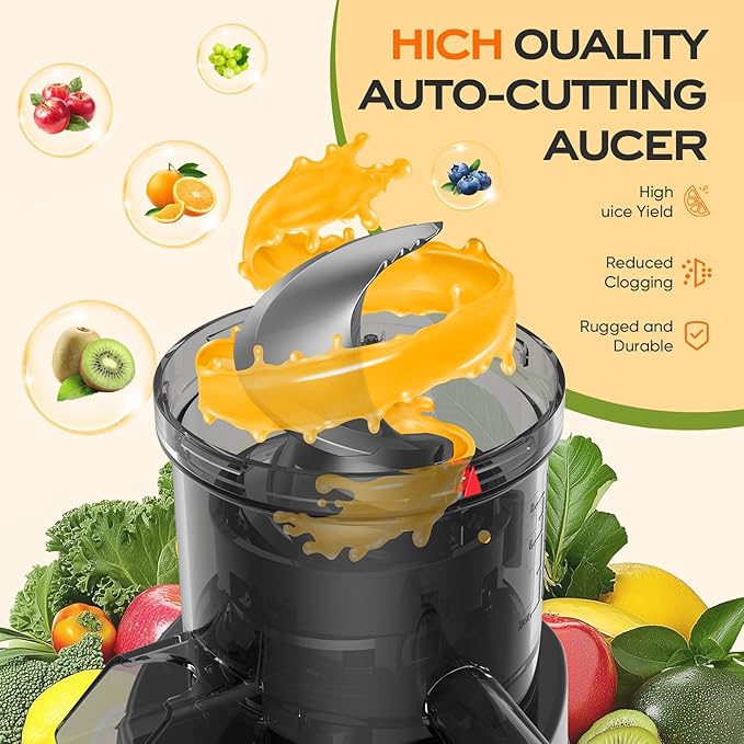 Juicer Machines, Cold Press Juicer with Wide Chute, 150 Watts Slow Masticating Juicers, High Juice Yield for Leafy Greens, Fruits & Vegetables, Easy to Clean