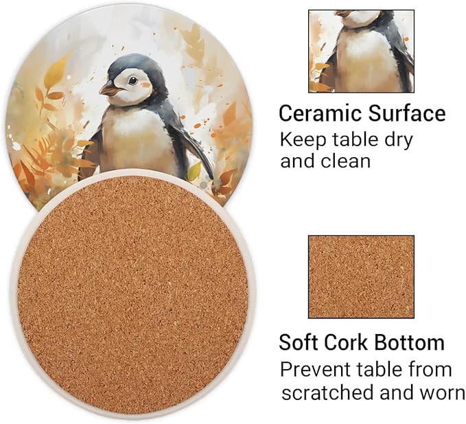 Round Coasters Set of 2, Watercolor Penguin Autumn Leaves Absorbent Ceramic Coaster with Cork Base, Bar Coasters for Drinks Coffee Mugs Tea Cups Wine Glasses Home Decor Gifts (4 inches)