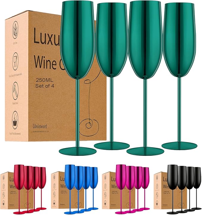 Stainless Steel Champagne Flutes Set of 4-Wedding &Birthday Gifts,8.5 Oz Unbreakable Champagne Glass with Long Stem,Reusable Indoor Outdoor Drinkware (Green)