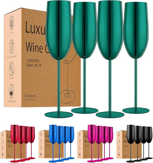 Stainless Steel Champagne Flutes Set of 4-Wedding &Birthday Gifts,8.5 Oz Unbreakable Champagne Glass with Long Stem,Reusable Indoor Outdoor Drinkware (Green)