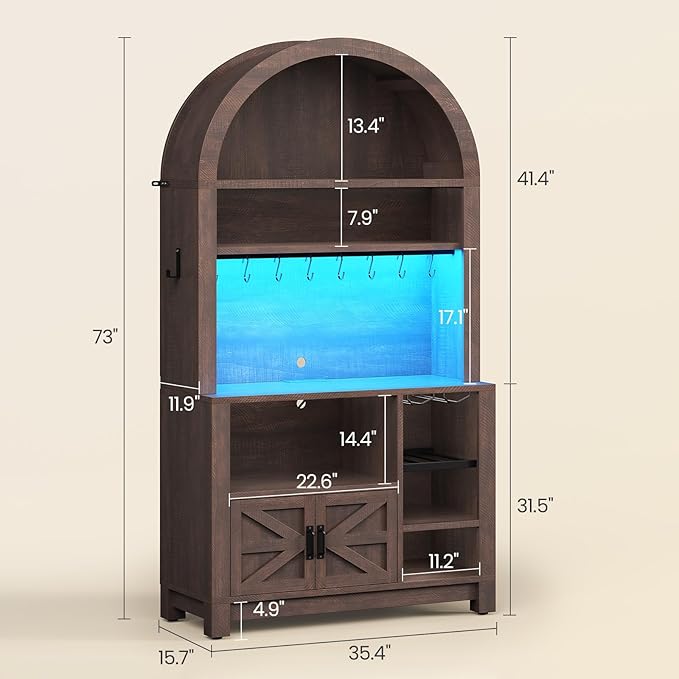 Itaar 73" Tall Arched Bakers Rack with Power Outlet and LED Light, Farmhouse Coffee Bar Cabinet, Kitchen Microwave Stand with Storage for Kitchen, Dining Room, Living Room, Brown