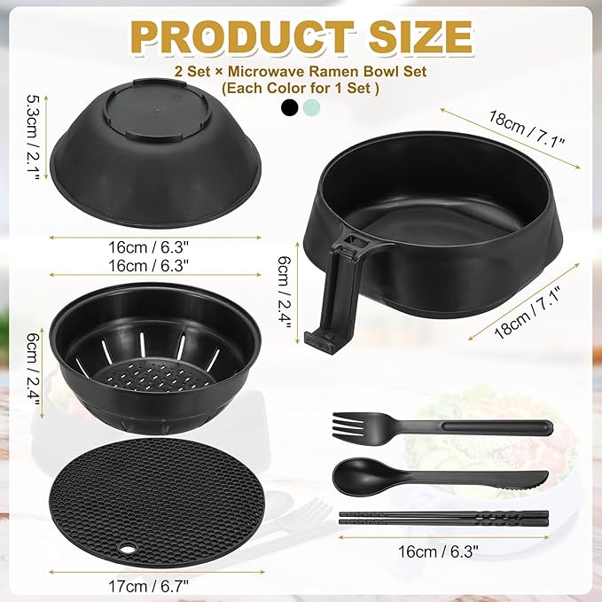 uxcell 2 Sets Microwave Ramen Bowl Set, Wheat Fiber Noodle Bowls Plastic Cooker with Lid Handle Fork Spoon Chopsticks for College Dorm Room Apartment, (Black/Green)