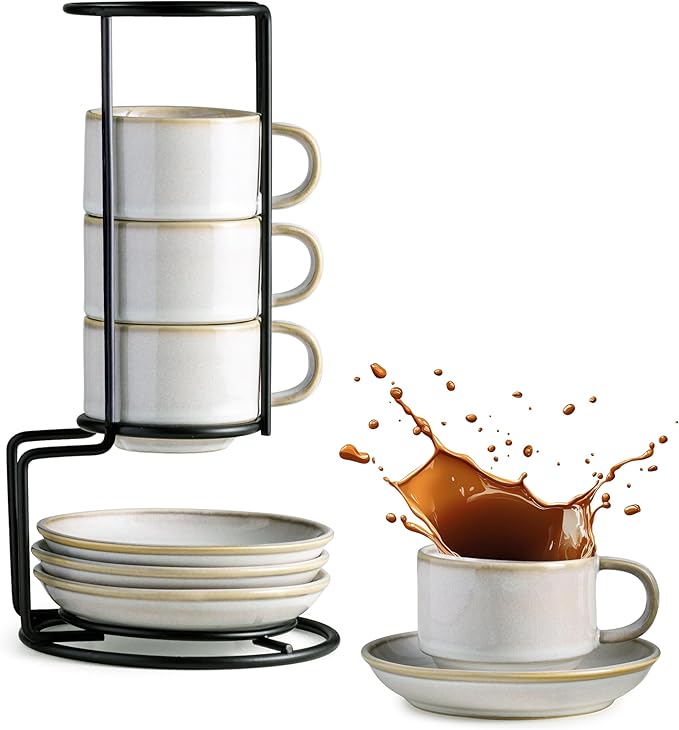 Gomakren 2.5 Ounce Espresso Cups Set of 4, Small Stackable Coffee Cups with Saucers and Metal Stand, Valentine Porcelain Demitasse Cups for Specialty Coffee Drinks, Espresso, Cappuccino, Latte, White