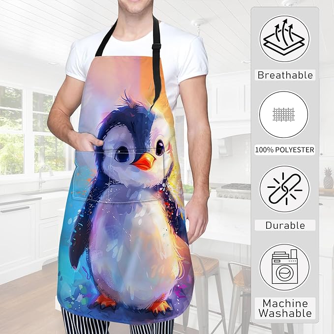 Penguin Apron Vibrant Artistic Cartoon Illustration Aprons Waterproof Oxford Polyester Adjustable Pockets Design for Cooking, Crafting, Garden Decor, for Adults, 28x33 Inch